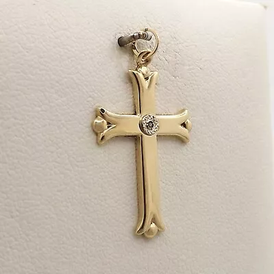 14k Gold Natural Diamond Budded Cross Charm Pendant Vintage 1gr • $94.05