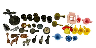 Lot Of 35 Vintage Miniature Metal & Plastic Dollhouse Pots Cups Music Telephone • $26.87