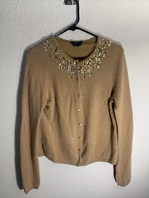 Magaschoni Cashmere Cardigan Light Brown Embellished Beaded Button Sweater Large • $24.97