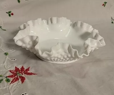 Fenton White Milk Glass Hobnail Ruffle Crimped Edge Bowl Vintage • $16.99