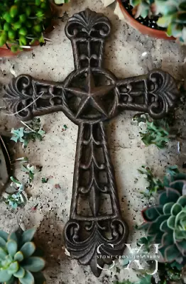 Rustic Cast Iron Fleur De Lis & Texas Star Wall Cross - 11.5  Decor • $14.95