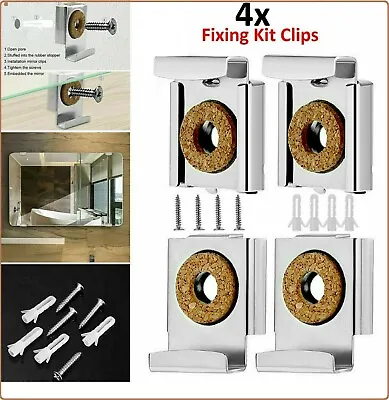 Frameless Unframed Bathroom Mirror Glass Wall Hanging Fixing Kit Clips Chrome • £3.48