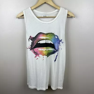 $24.99 • Buy Lauren Moshi Rainbow Smudge Lips Tank Top Womens Size Large White Mouth Casual