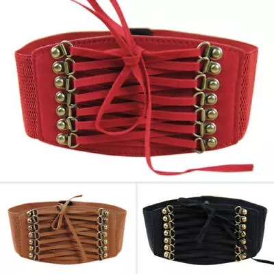 AU Vintage Lace Up Corset Wide Black Belt Steampunk Pirate Stretch Elastic Belt • $12.29