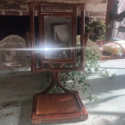 Vintage Natural Wicker And Bamboo Mirror Table Top Swivel Boho Shabby • $32.99