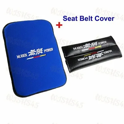 Blue Fabric For MUGEN POWER Car Center Armrest Cushion Pad+Seat Belt Cover Set 2 • $43.90
