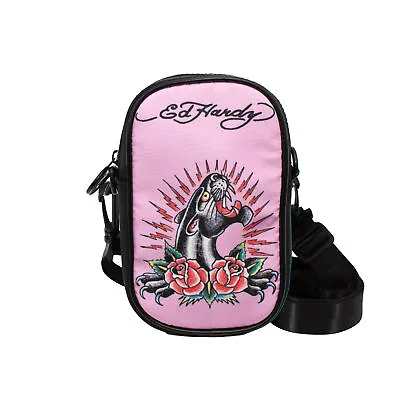 $29.99 • Buy Ed Hardy Unisex Black/Pink Jaguar Rose Tatoo Print Nylon Phone Crossbody Bag Wit