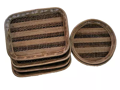 Lot Of 6 Rattan Bamboo Wicker Serving Trays 2 Round 9  & 4 Rectangle 12  X 9  • $24.95