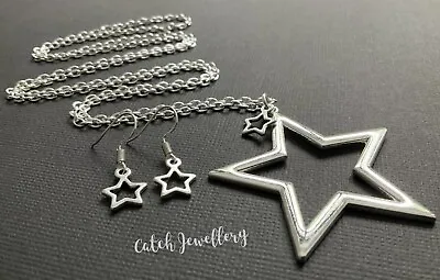 Long Silver Chain Big Star Necklace And Free Star Earrings Lagenlook • £4.69