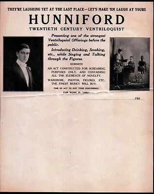 1902 Vaudeville - Hunniford - Twentieth Century Ventriloquist - Letter Head Bill • $195