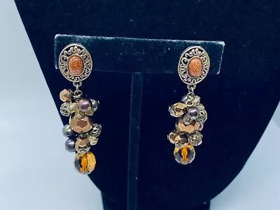 Vtg. Brown Druzy & Topaz Beaded Gold Tone Dangle Clip On Earrings 383 • $0.99