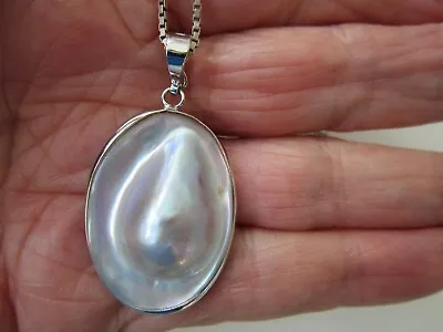 Vintage Sterling Silver Blister Mabe Pearl Pendant Necklace 18  L   9.7 G • $94.45