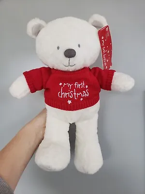 Mothercare My First Christmas Cream Bear With Red Jumper Comforter Plush • £18