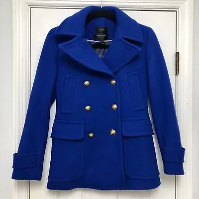 J Crew Pea Coat Jacket Majesty Stadium Cloth Royal Blue Wool Goldtone Buttons 0 • $124.99