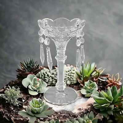 Vintage Clear Glass Crystal Mantle Lusters Candle Holder With 4 Hanging Prisms • $49.99