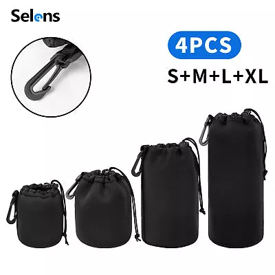 4x Camera Lens Pouch Bag Soft Neoprene Drawstring Protector Case Set Waterproof • £7.99