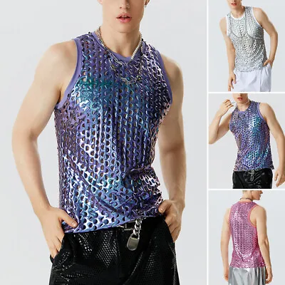 Fashion Mens Metallic Shiny T Shirt Vest Party Disco Dance Tops Punk Tops Shirt • $13.25