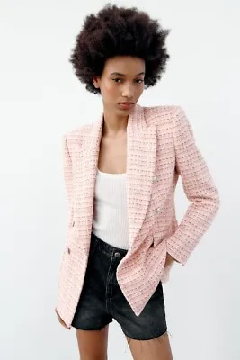 $24.40 • Buy ZARA Ladies Double Breasted Textured Weave Jacket In Pink Size M VGC!