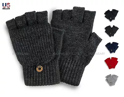 Men Women Winter Wool Knitted Convertible Mittens Flap Fingerless Gloves Thermal • $7.99