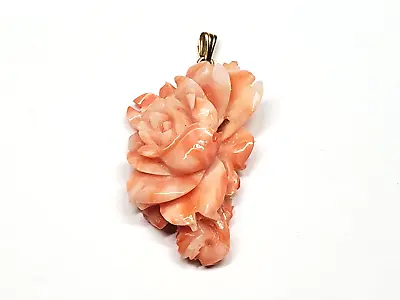 Vintage 14k Gold Natural Angel Skin Coral Carved Rose Flower Pendant Jewelry • $284.99