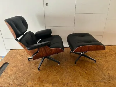 Eames Style Lounge Chair And Ottoman Black Leather And Walnut Veneer • £1050