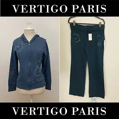 New Vertigo Paris Embroidered Embellished Sequin Hoodie Pants Set Lg Teal Blue • $74.99