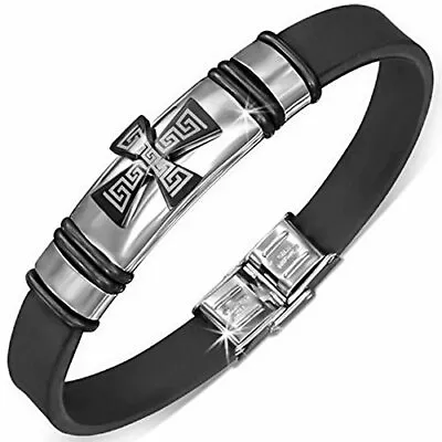 Stainless Steel Black Rubber Medieval Cross Greek Key Silver-Tone Mens Bracelet • $19.99