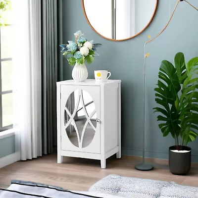 White Mirrored Nightstand W/ Large Storage - Single Carved Craft Bedside Table • $88.99