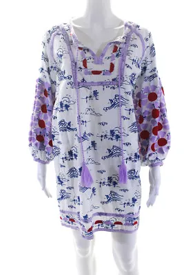 Roller Rabbit Womens White Cotton Printed V-Neck Long Sleeve A-Line Dress Size S • $42.69