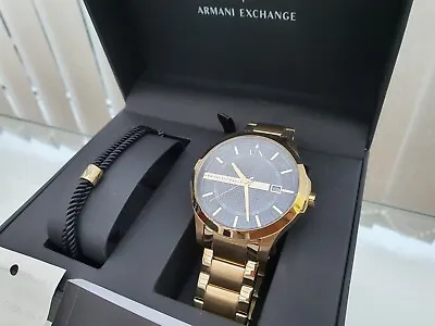 New ARMANI EXCHANGE Mens Gold Plated Watch + Bracelet Gift Box Set RRP £250 [A41 • £129.99