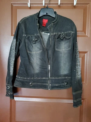 $18 • Buy V Cristina Womans Medium Black Decorative Denim Jacket Zip Up