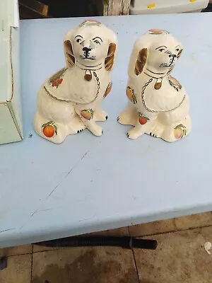 Pair Staffordshire Spaniel Mantle Wally Dogs Floral + Gold Tone Figurines - VGC • £25