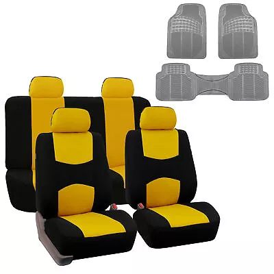 Cloth Car Seat Cover Full Set Solid Bench Truck Van W/ Floor Mat Yellow • $59.98