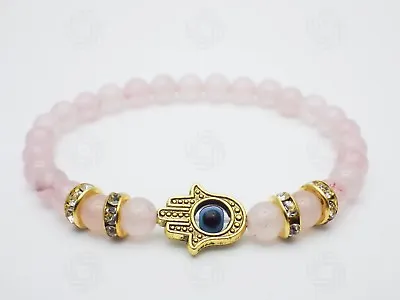 Rose Quartz Hamsa Bracelet Hand Of Fatima Gemstone Luck Reiki Evil Eye Gift UK • £5.99