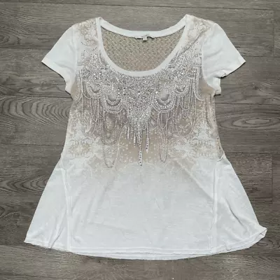 Miss Me Womens Short Sleeve Embellished Lace TShirt Size Medium White • $22