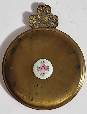 Vintage Gold Tone Brass Round Pocket Purse Mirror W/Enamel Flower • $12.50