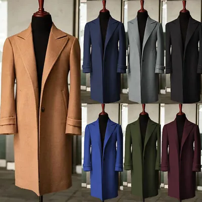 Wool Blend Men Long Overcoats Wide Peak Lapel Outdoor Warm Formal Business Coat • $71.19
