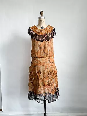 Vintage 1920s 20s Sheer Floral Silk Drop Waist Party Flapper Dress S TLC • $68