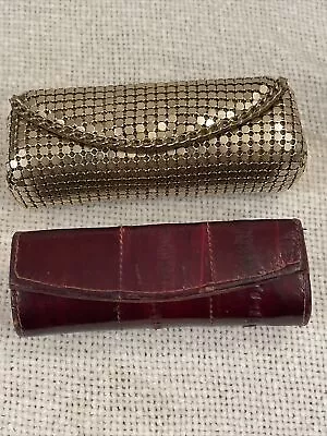 Vintage Lipstick Cases W Mirror Wine Eel Skin Gold Metal Mesh Lot Of 2 • $24.50