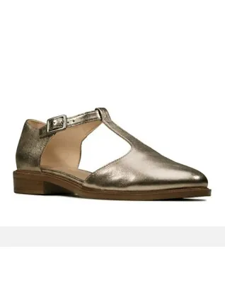 Clarks Ladies T-bar Shoes TAYLOR PALM Stone Metallic Leather UK 4.5 D EU 37.5 • £38