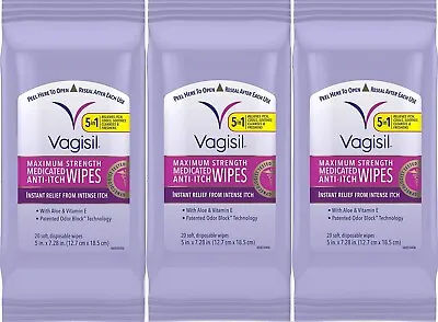 $25.95 • Buy Vagisil Medicated Wipes Max Strength Anti-Itch 20ct ( 3 Pack ) 60 Total ~