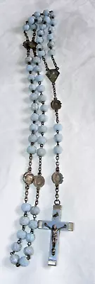 Vintage French Blue Glass Rosary Cross Crucifix Lourdes Rose Beads / St Medals • £44.99