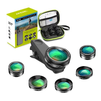 APEXEL 6 In 1 Fisheye Wide Angle Macro Phone Camera Lens Kit For IPhone Samsung • £23.98