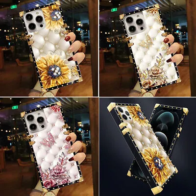 For IPhone 15 Pro Max 14 13 12 11 X Golden Plated Soft Flower Square Case Cover • $15.99