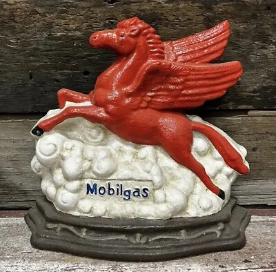MOBIL OIL Pegasus Heavy Cast Iron Flying Red Horse Door Stop 11” X 12” • $212.33