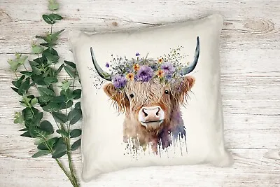Highland Cow Printed Cushion Cover - 40x40cm - Linen Style - Anonymous Gifting • £16.99