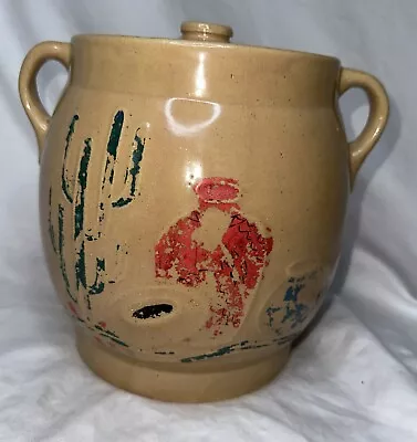 Vintage Cookie Jar Crock Stoneware Handles Tan Western Cactus • $18