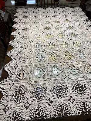 Vintage Hand Crochet  Bed Cover Or Tablecloth Ecru 100 X80”. EB36 • $48