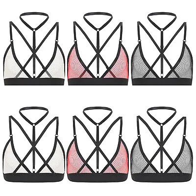 Womens Bustier Fishnet Bra Swimsuit Crop Top Halter Neck Clubwear Lingerie Tops • £8.39