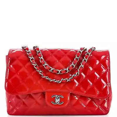 Chanel Vintage Classic Single Flap Bag Quilted Patent Jumbo Red • $2713.60